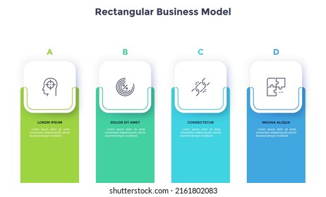 Four paper white square elements arranged in horizontal row. Concept of business development plan with 4 steps. Simple infographic design template. Modern flat vector illustration for presentation.