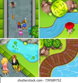 Four park scenes with people  illustration