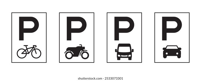 Four parking signs with different vehicles on them. The signs are black and white. The signs are placed in a row