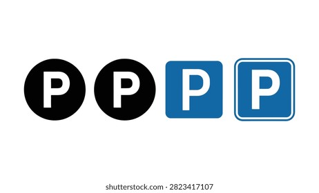 Four parking signs two black circles two blue squares all with white letter P