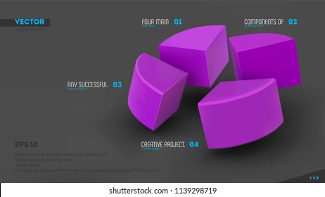 Four parts of whole. Teamwork concept. Purple sectors and labels on gray background. 3d vector infographic template. Eps10.