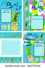 Four party invitations with cool pineapple in sunglasses with juice on blue background in vector