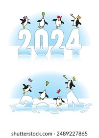 Four Partying Penguins wearing Paper Hats Dancing on Slippery 2024 Ice Sculptures Melting through the Arctic Icecap due to Global Warming