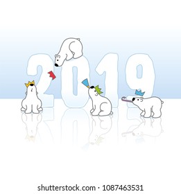 Four Partying Polar Bears around New Year 2019 with Reflections on an Ice Blue Cold Background
