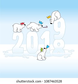 Four Partying Polar Bears Balancing on Melting New Year Changing from 2018 to 2019 with Reflections in an Ice Cold Puddle
