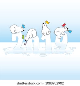 Four Partying Polar Bears Balancing on Melting Frozen New Year 2019 with Reflections in an Ice Cold Puddle