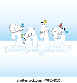 Four Partying Polar Bears in Paper Hats Balancing on Melting New Year 2018 with Reflections in an Ice Cold Puddle