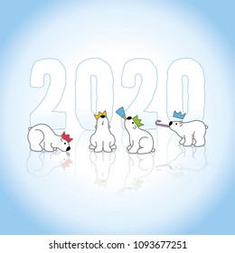 Four Partying Polar Bears wearing colorful Paper Hats sitting around Frozen New Year 2020 with Reflections on an Ice Blue Cold Background