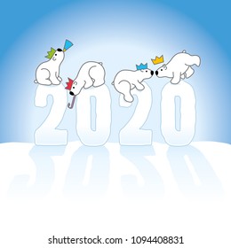 Four Partying Polar Bears wearing colorful Paper Hats sitting around Frozen New Year 2020 with Reflections on an Ice Blue Cold Background