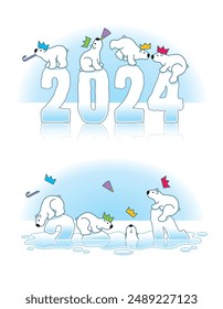 Four Partying Polar Bears wearing paper Hats Balancing on Slippery 2024 Ice Sculptures Melting through the Arctic Icecap due to Global Warming