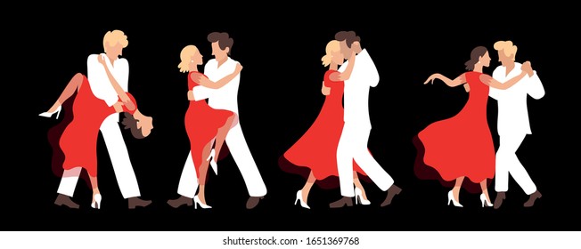 Four passionate couples dancing tango on a dark background.A man in a white suit and a woman in a red dress.Vector set of illustrations for a show, dance competition, tango school poster.