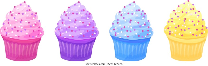 Four pastel colored cupcakes in pink, purple, blue, and yellow, with sprinkles. Isolated vector illustrations.