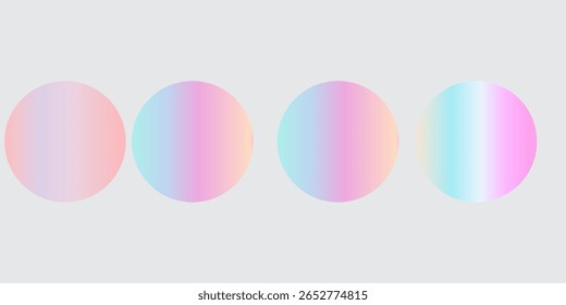 Four pastel gradient circles with soft, dreamy colors. Each circle features a unique blend of pastel hues, creating a soothing, ethereal gradient effect. Gradient round badges, element set.