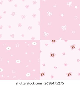 Four pastel pink background designs with butterfly, flower, ribbon, cloud, heart for wallpaper, backdrop, ad template, frame, paper design, social media post, poster, sticky note, notepad
