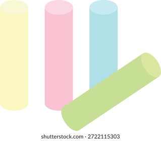 Cuatro piezas de tiza de color pastel, tres de pie verticalmente y una colocada diagonalmente en la parte inferior