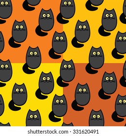 Four pattern with black cats on an orange and yellow background