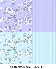 four pattern with flowers and strips in pastel blue and lilac colors, vector illustration
