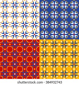 Four patterns with abstract  ditsy flowers in bright red, yellow and blue colors. Seamless vector background. 