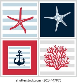 Four patterns with marine elements. Decoration illustration.