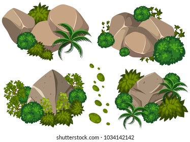 Cuatro patrones de ilustración de rocas y árboles