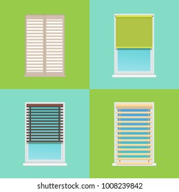 Four patterns of various multicolored jalousies vector illustration with rectangular blinds fixed on grey and white frames isolated on green and blue