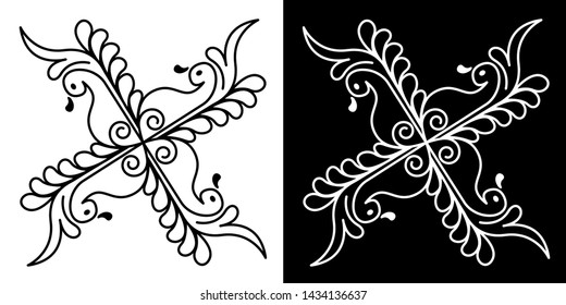 Four Peacocks Surrounded - Indian Traditional and Cultural Rangoli, Alpona, Kolam or Paisley vector line art with dark and white background