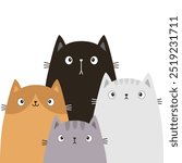 Four peeking cat set. Kitten family. Black, gray, white, red silhouette. Cute cartoon kawaii funny boo spooky pet baby character line banner. Happy Valentines day. Flat design. White background Vector