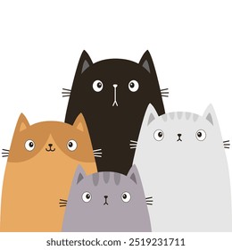 Conjunto de quatro gatos de espiada. Família dos gatinhos. Silhueta preta, cinza, branca, vermelha. Beleza desenho animado kawaii engraçado livro assustado animal de estimação bebê personagem linha banner. Feliz Dia dos Namorados. Design plano. Vetor de plano de fundo branco