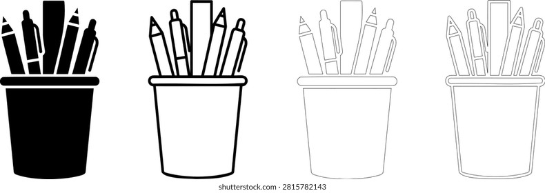 Four pencil cups with different colored pencils and markers Editable