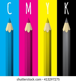 Four pencils with the CMYK color. Design concept. Realistic vector illustration.