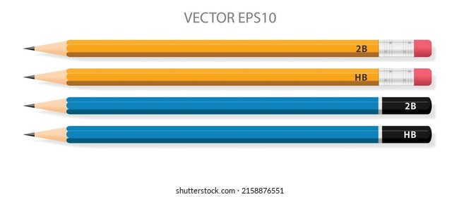 Four pencils isolated on white background.2B and HB black intensity.Tool or equipment of write or design  paper of school or office.Vector illustration EPS10.