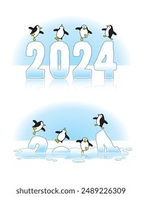 Four Penguins Dancing on Slippery 2024 Ice Sculptures Melting through the Arctic Icecap due to Global Warming