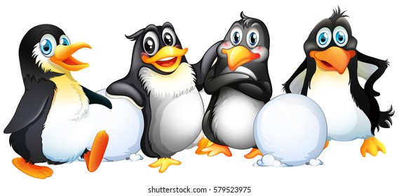 Four penguins with snowballs illustration