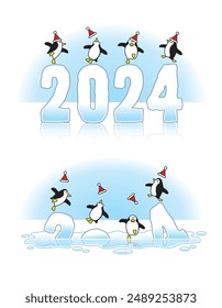 Four Penguins wearing Santa Hats Dancing on Slippery 2024 Ice Sculptures Melting through the Arctic Icecap due to Global Warming