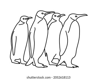 Four penguins in winter. Vector illustration Christmas and New Year's Eve flat outline graphic.
