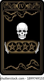 Four of pentacles. Card of Minor arcana black and gold tarot cards. Tarot deck. Vector hand drawn illustration with skull, occult, mystical and esoteric symbols.