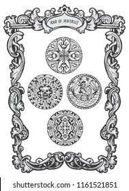 Four of pentacles. Minor Arcana tarot card. The Magic Gate deck. Fantasy engraved vector illustration with occult mysterious symbols and esoteric concept