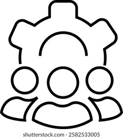 Four people around a gear icon, representing teamwork, workflow, and collaboration in achieving business goals and projects, with transparent background.