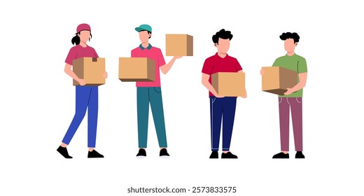 Four people carrying cardboard boxes, ready for moving or delivery.