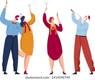 Four people celebrating with sparklers and champagne glasses. Diverse joyful cartoon adults at a party. Festive mood and New Year's Eve vector illustration.