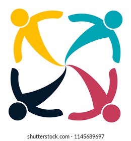 Four people in a circle holding hands.The summit workers are meeting in the same power room.