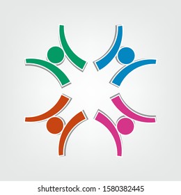 Four people in a circle holding hands.The summit workers are meeting in the same power room.
