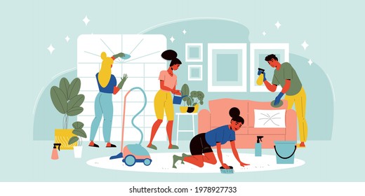 Four people cleaning up living room with vacuum cleaner brush cloth and watering flowers flat vector illustration