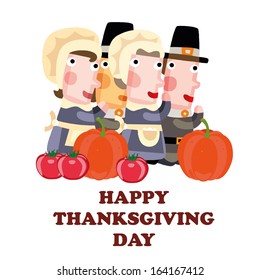 four people with clothes and some pumpkins for thanksgiving day