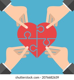 Four people connecting heart shaped puzzle. Love, community, support, care, help, charity, donation and health concept. Flat design. Vector illustration. EPS 8, no gradients, no transparency