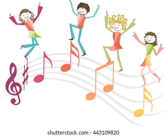 Four people dancing and jump of joy onto musical notes