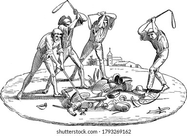 Four people destroying knight's armor, sword and bishop's crosier and miter, vintage line drawing or engraving illustration.