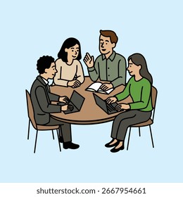 Four people discussing at a round table while using laptops and books, a productive teamwork meeting atmosphere.