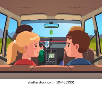 Four People Family On Vacation Car Road Trip. Countryside Travel Ride. Car Interior, Kids On Back Seat, Parents On Front Row, Father Driving. Smiling Sister & Brother. Flat Style Vector Illustration