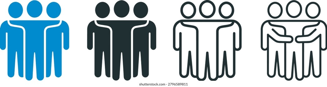 Four people group with interlocked arms in blue black and outline styles for teamwork collaboration and community projects